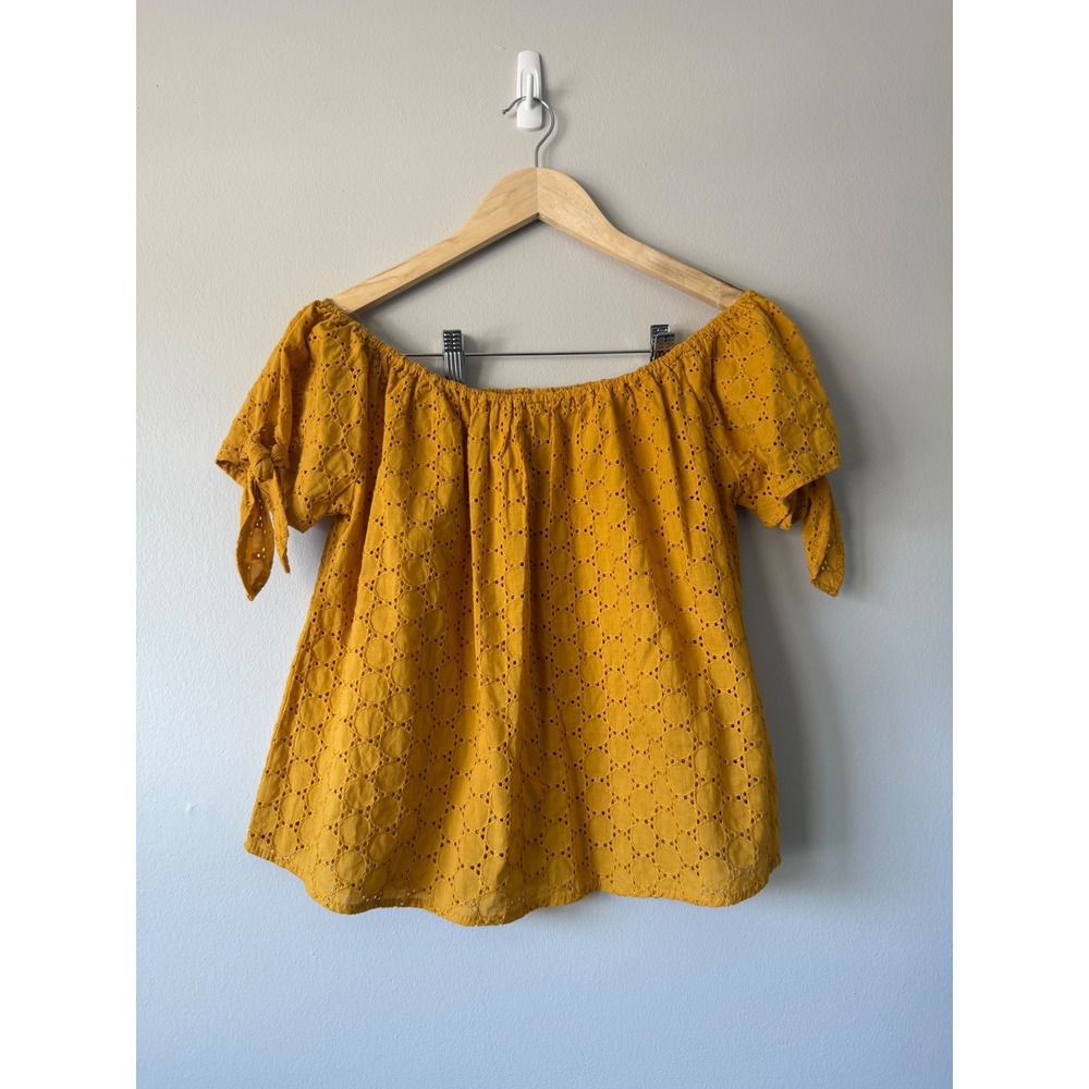 Universal Thread Mustard Yellow Eyelet Off The Shoulder Tie Sleeve Blouse Size M
